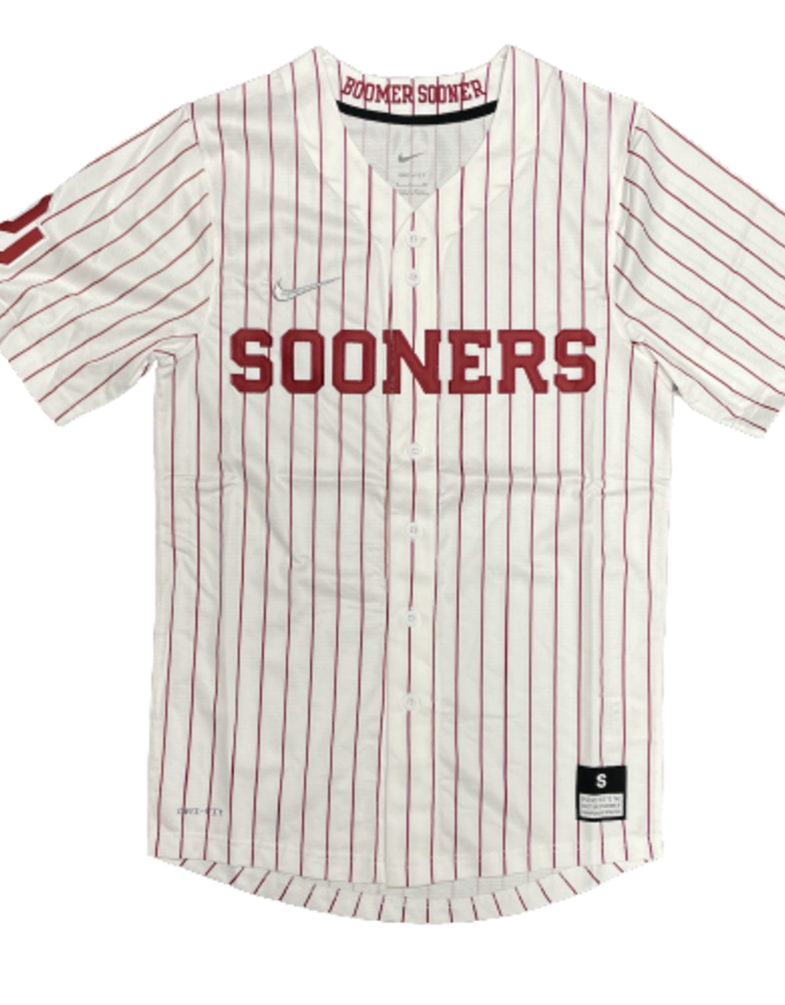 Men's Nike White/Crimson Oklahoma Sooners Pinstripe Replica Full-Button Baseball Jersey
